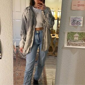 Blue and White Plaid Button-Up Shirt Flannel - Bleach Dip Dye Down Ombré